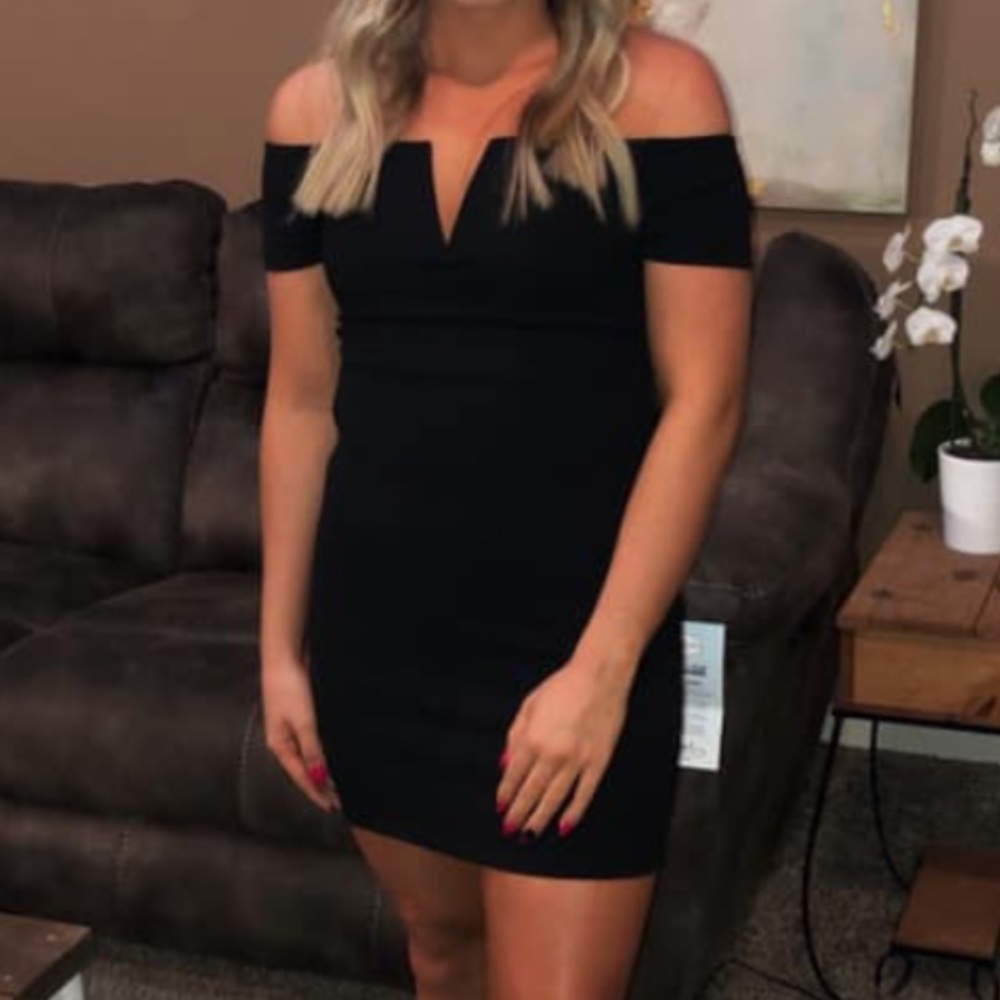 Black off the shoulder mini dress